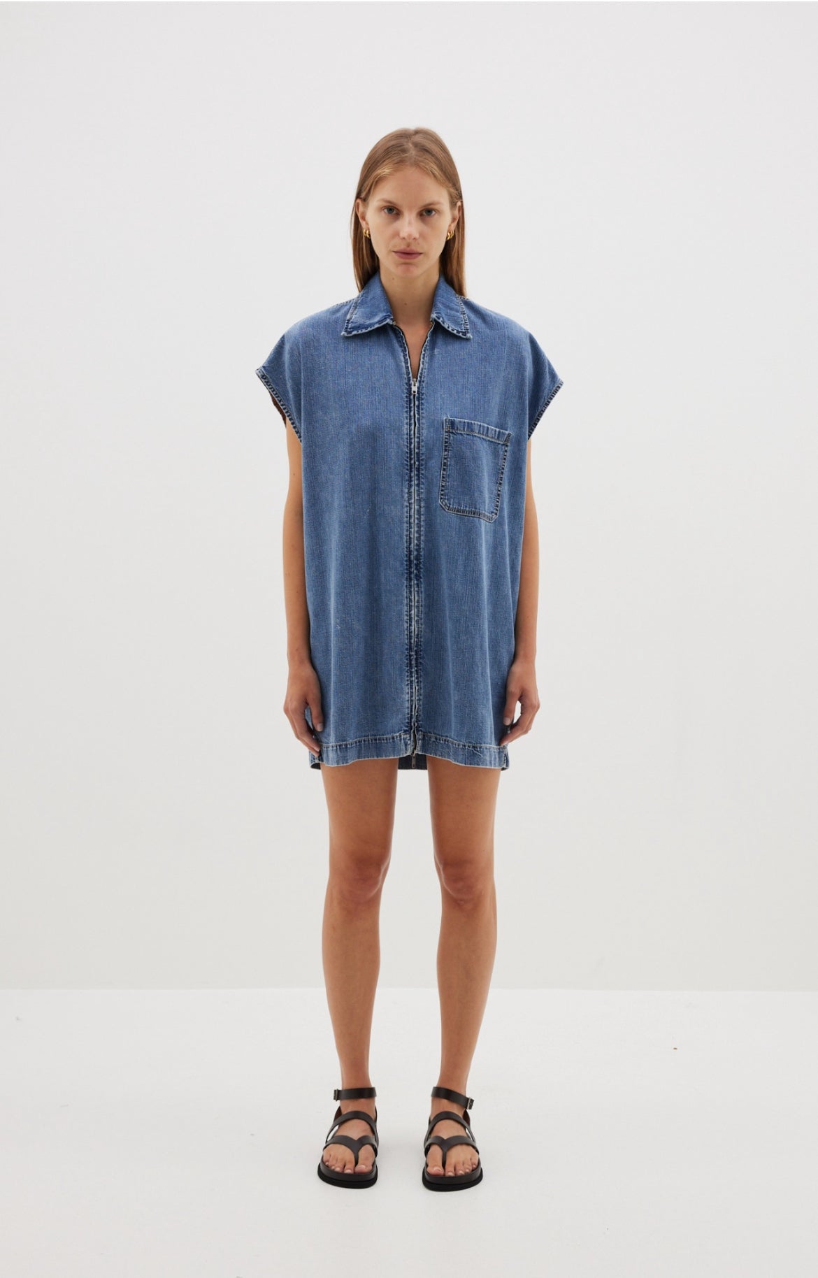 organic denim zip front dress